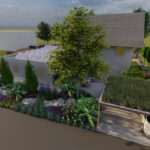 Vorgarten mit Bepflanzung. Dazu eine Einfahrt mit Carport und Dachbegrünung. Gartengestaltung